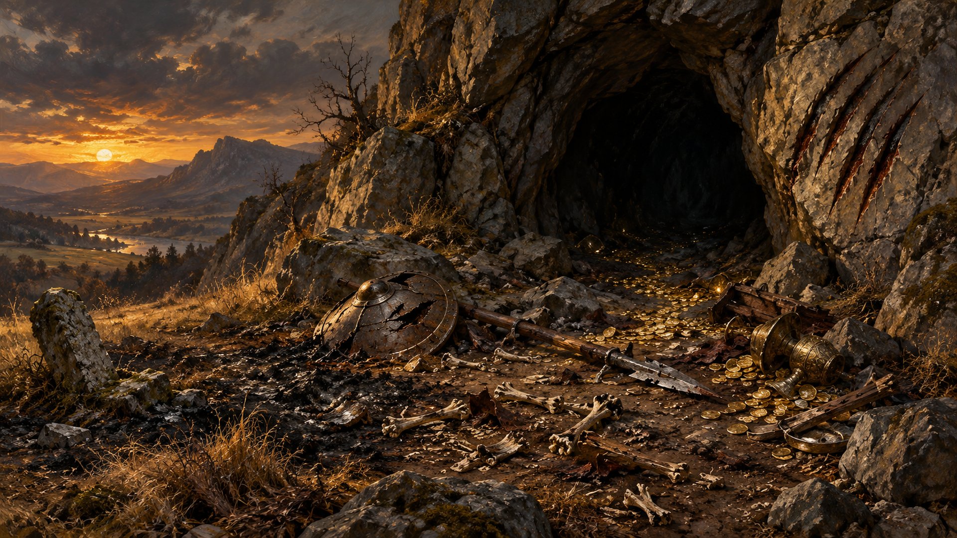 A cave mouth in a cliff at sunset, gold coins and a broken shield scattered before it
