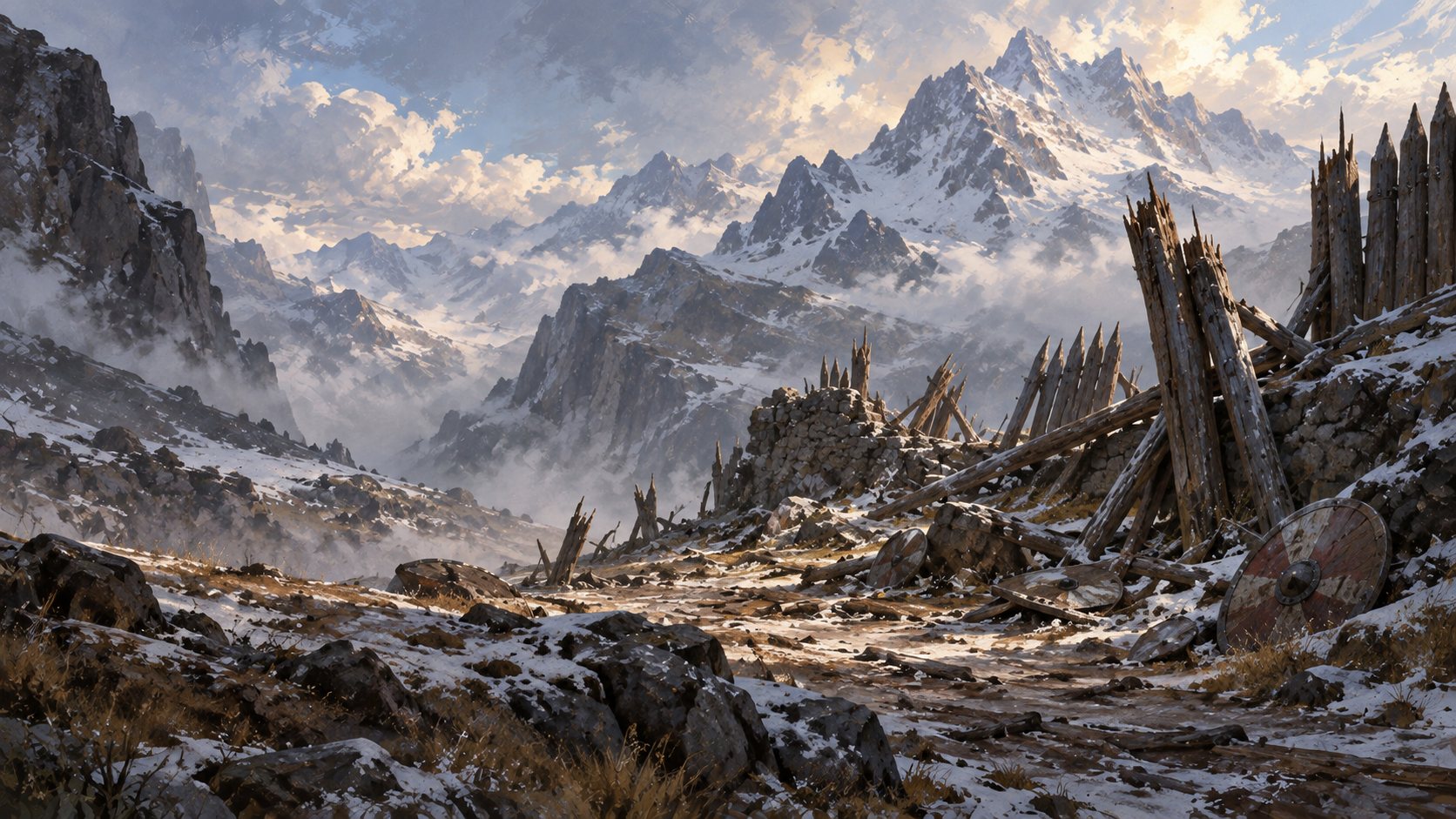 A broken palisade and dropped shields on a snowy mountain pass