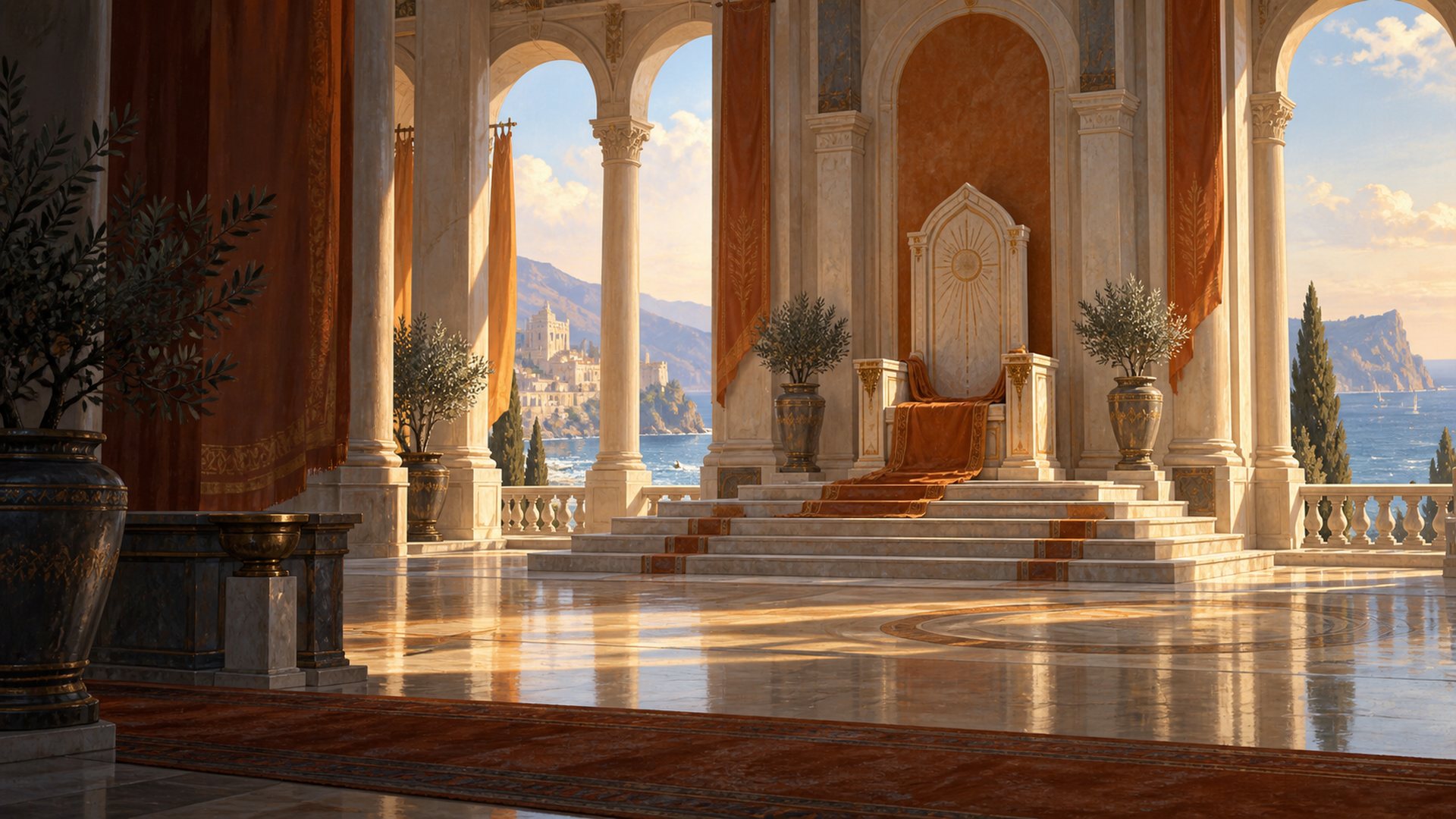 An empty marble throne under an arch, the sea and a white city beyond