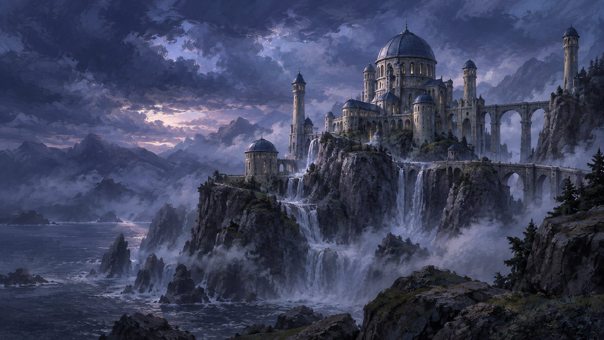 A domed cathedral on a cliff above the sea, with waterfalls running from its walls