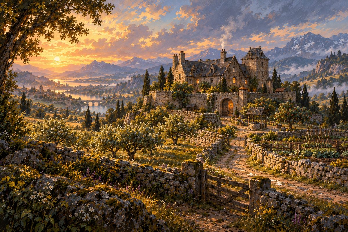 A stone manor behind an orchard wall at sunset, mountains and a river valley beyond