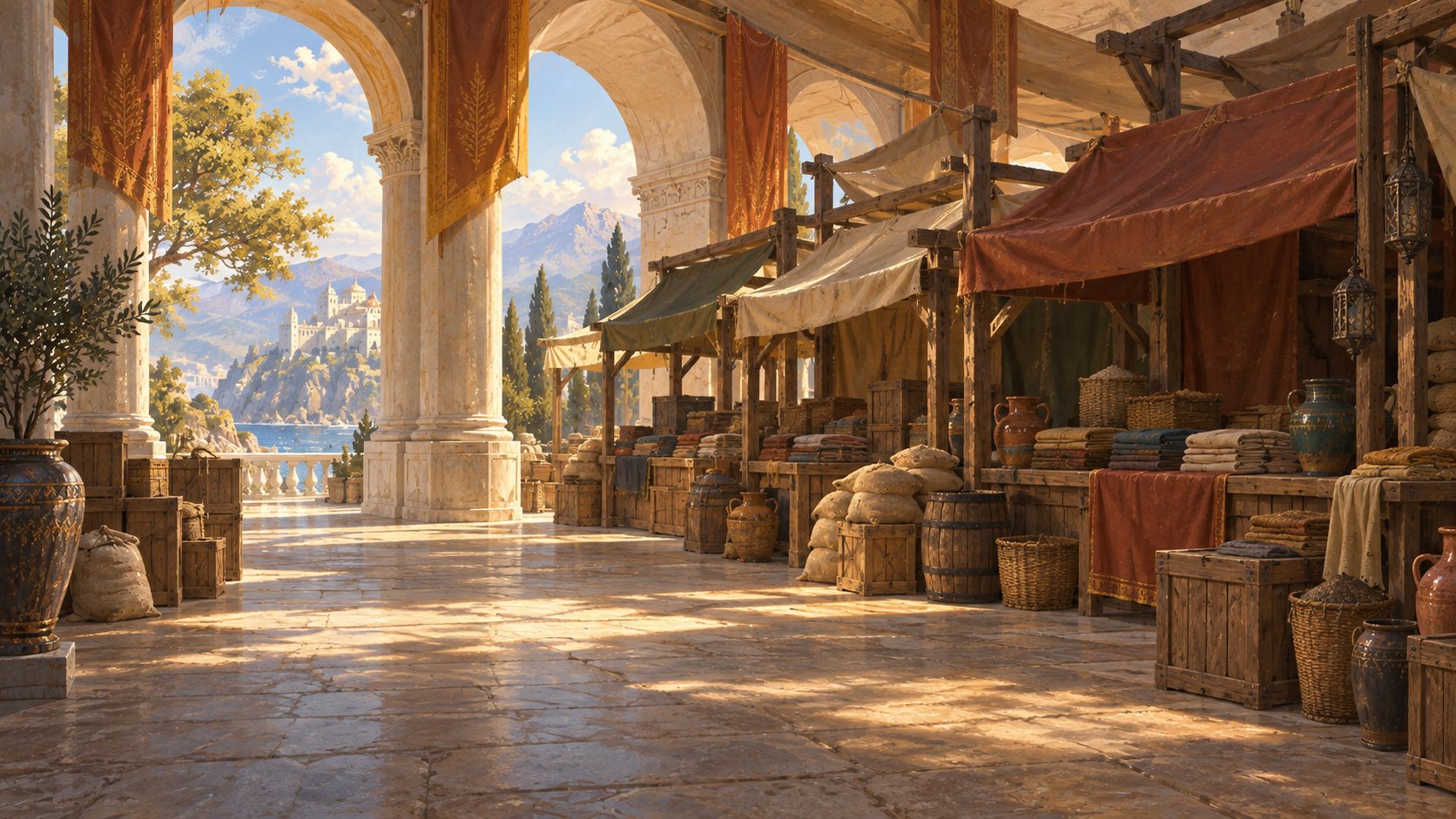 Market stalls with sacks, jars and folded cloth under an arcade above the sea