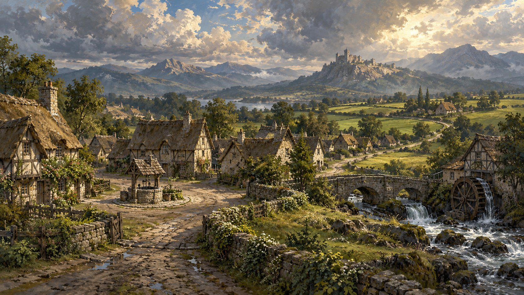 A village of thatched houses beside a river and a mill wheel, a castle on the hill beyond